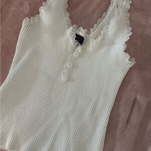 debut Cream Ribbed Lace-Trim Button Tank